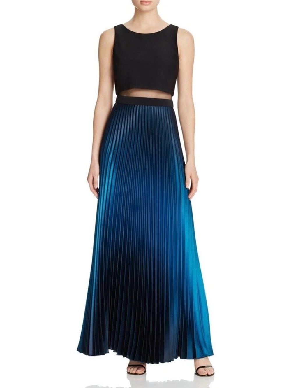 Betsy Adam Black & Blue Ombre Pleated Mesh Waist Maxi Formal Evening Dress Sz 6